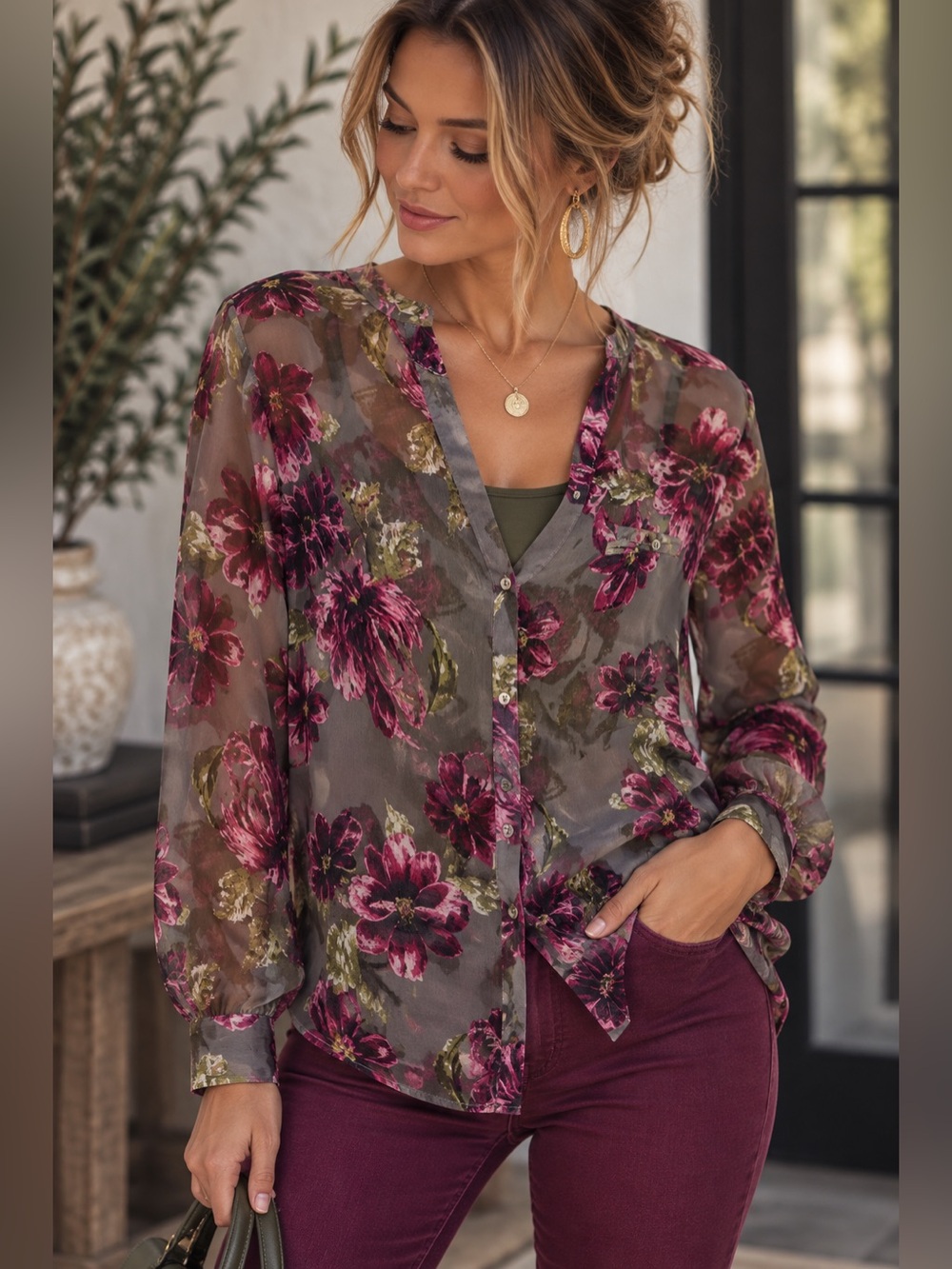 🌺 KUT From The Kloth Sheer Floral Button Front Blouse XS
